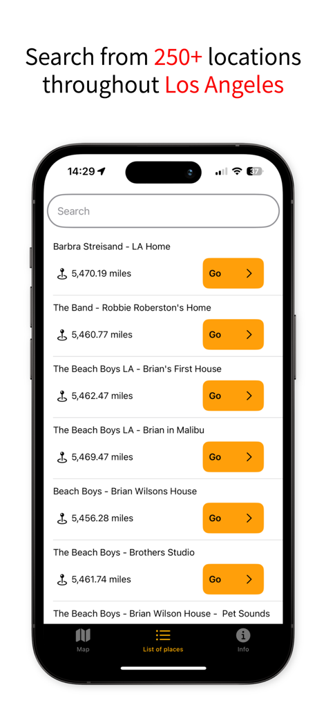 Los Angeles Music Map - Search interface of the Los Angeles Music Map app showing a list of famous music landmarks and homes