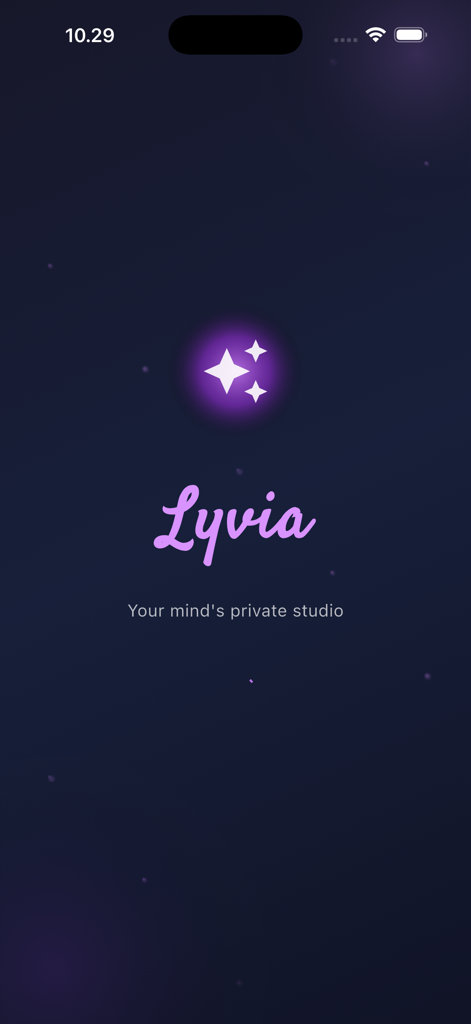 Lyvia - Splash screen for Lyvia AI Art and Video Studio app showing a glowing purple star icon and the slogan Your minds private studio.