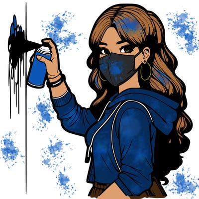 realistic girl with mask spray painting a wall