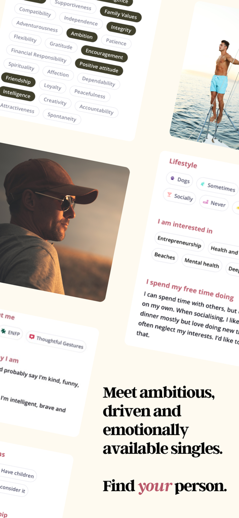 Reddi: The Matchmaking App - Interfaz de la app de citas Reddi mostrando perfiles de solteros de élite y preferencias de estilo de vida