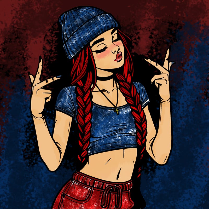 realistic teenage girl with braids and a beanie and crop top doing 🫶🏼