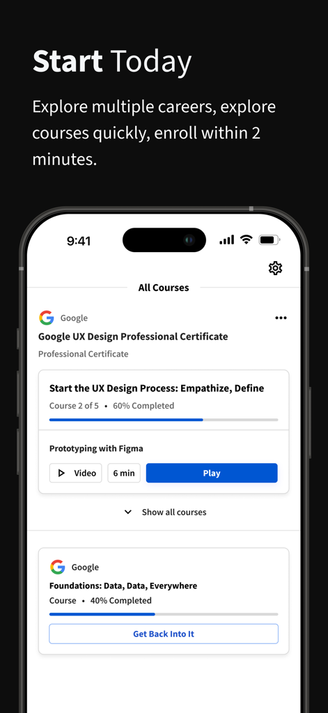 Coursera mobile app interface showing progress in a Google UX Design Professional Certificate course
