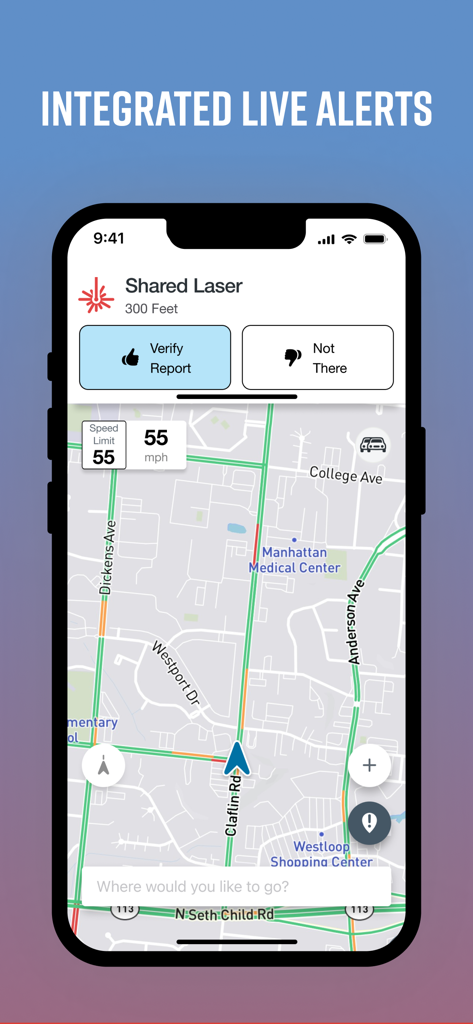 Drive Smarter app interface showing integrated live laser alerts and map navigation.