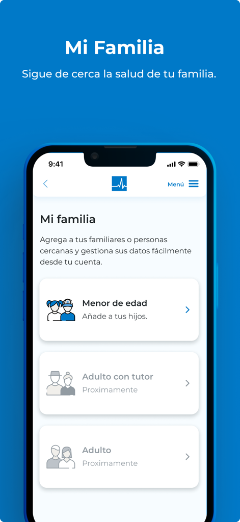 Mi Portal Bupa - Pantalla de la aplicación móvil Mi Portal Bupa que muestra opciones para gestionar perfiles de salud de miembros de la familia, incluyendo niños y adultos