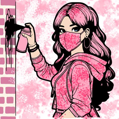 realistic girl with mask spray painting a wall