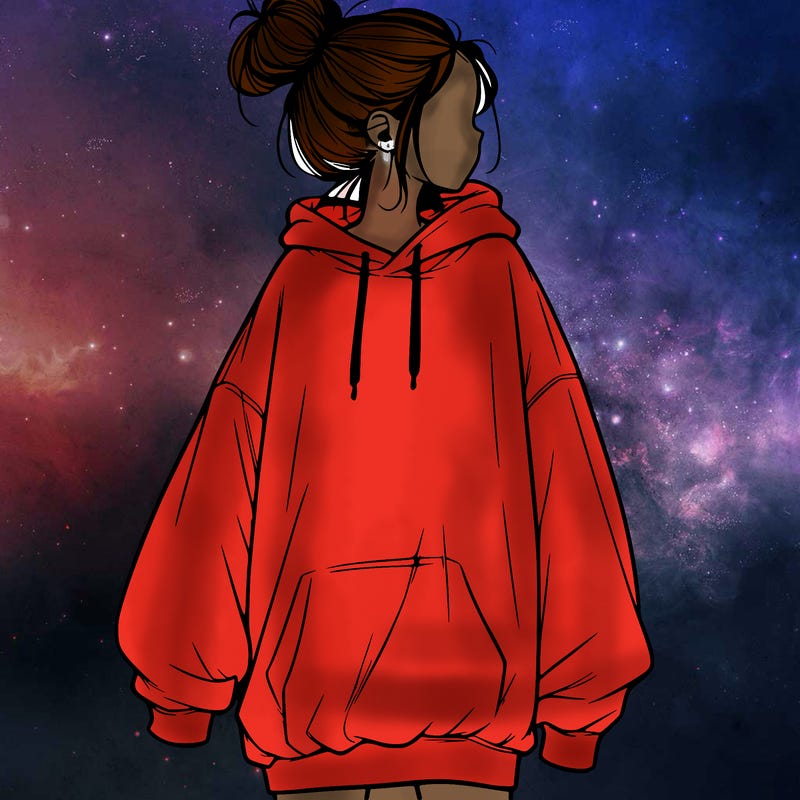 realistic girl with a oversized sweatshirt on and a bun