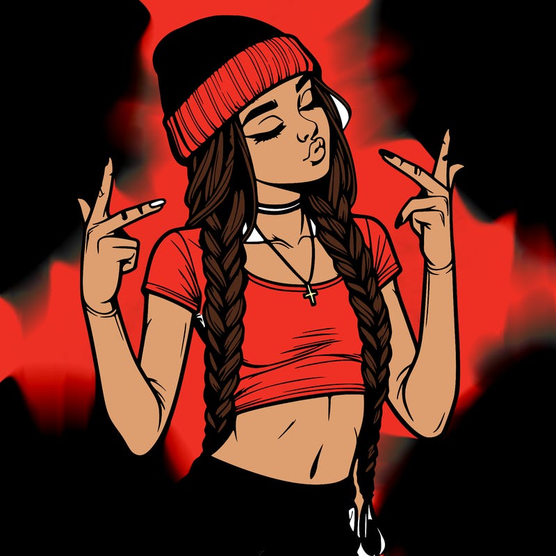 realistic teenage girl with braids and a beanie and crop top doing 🫶🏼