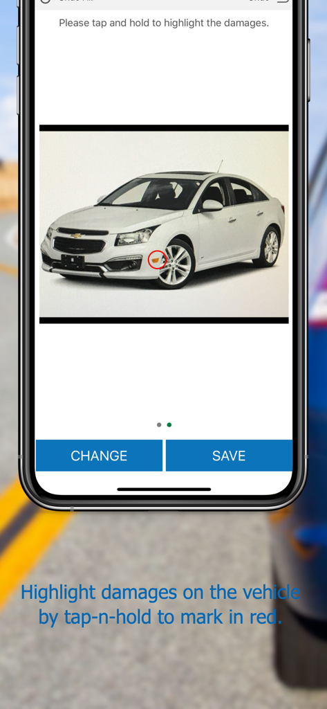 ASAP Rent - Mobile interface of ASAP Rent app showing vehicle damage marked with a red circle