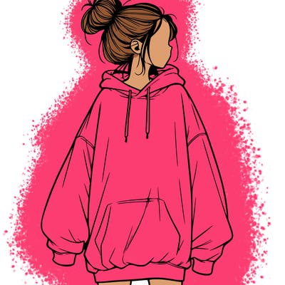 realistic girl with a oversized sweatshirt on and a bun