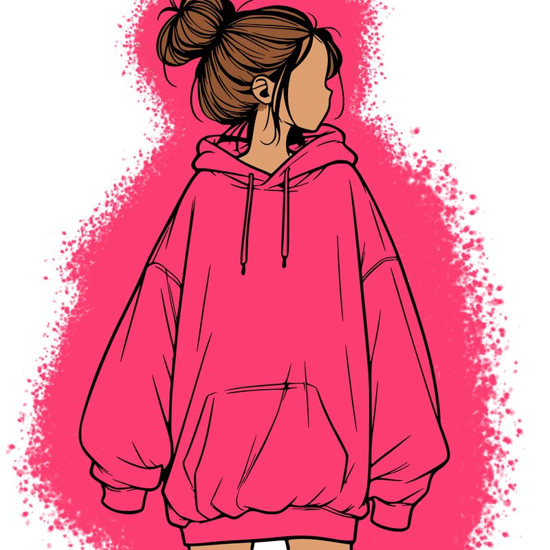 realistic girl with a oversized sweatshirt on and a bun