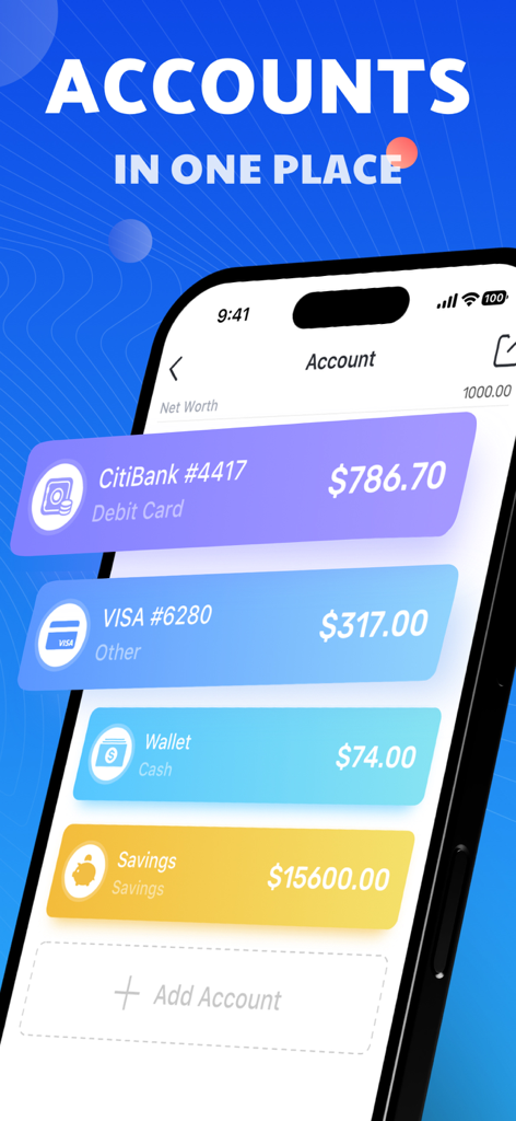 Pocket Expense 6 mobile app showing multiple bank accounts and balances in one place