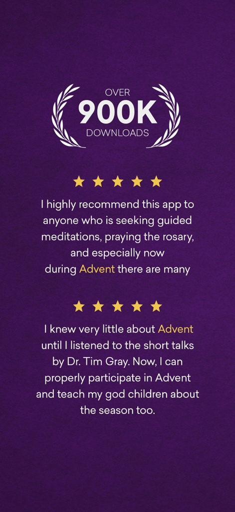 Amen: Catholic Bible & Prayers - Amen Catholic app screen showing over 900,000 downloads and 5 star user reviews regarding Advent and the rosary