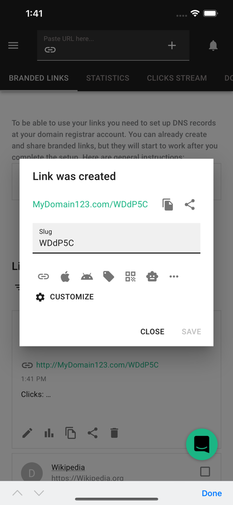 Short.io - Short.io app interface showing a newly created branded link with customization options