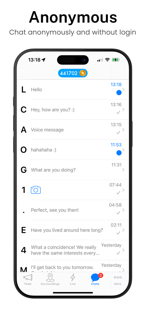Twiq app screenshot displaying a list of anonymous private chats with message previews and timestamps.