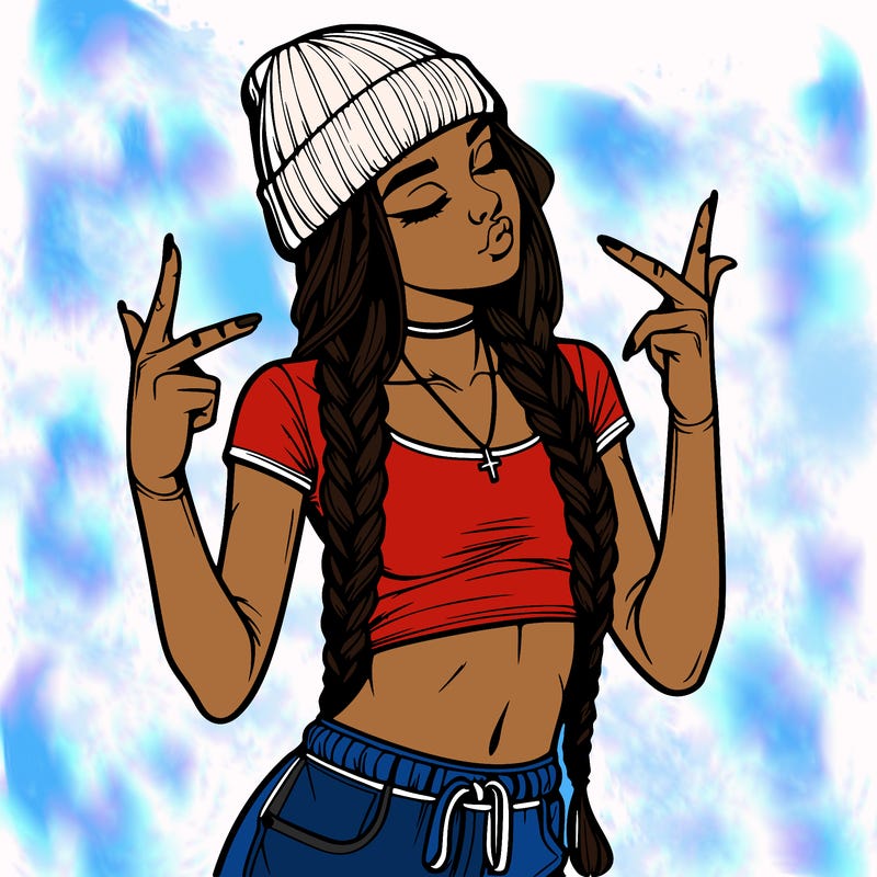 realistic teenage girl with braids and a beanie and crop top doing 🫶🏼