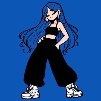 girl in baggy pants crop top and long hair