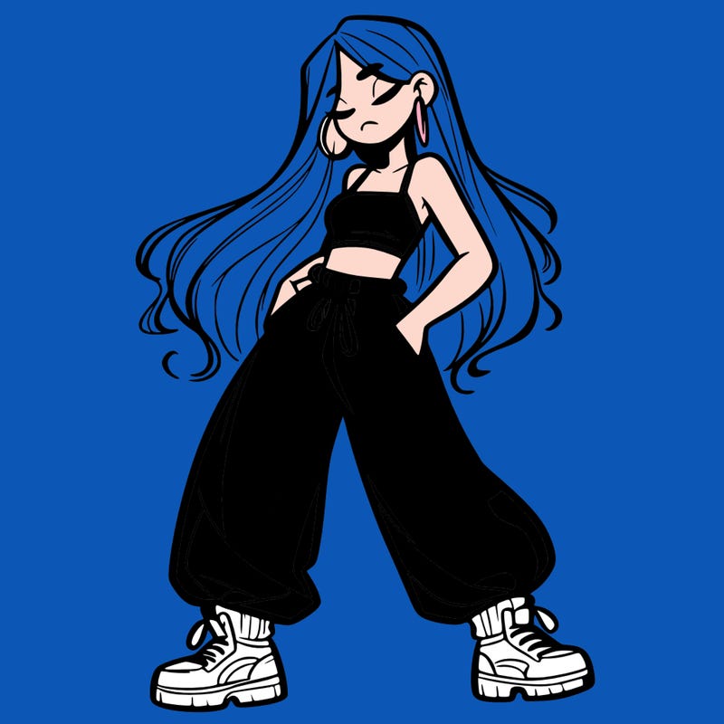 girl in baggy pants crop top and long hair