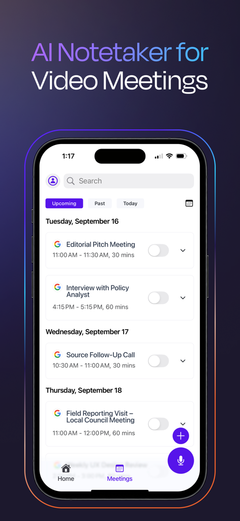 Rev: Record & Transcribe - Captura de tela do aplicativo Rev mostrando o Anotador de IA para reuniões de vídeo com uma lista de próximas entrevistas agendadas e reuniões de pauta editorial.