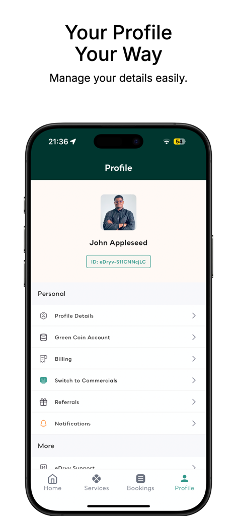 User profile screen in the eDryv app showing account settings and Green Coin rewards management.