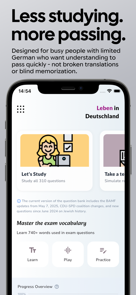Leben in Deutschland: LebenPro - Dashboard of the LebenPro app showing study modules and vocabulary tools for the German citizenship test