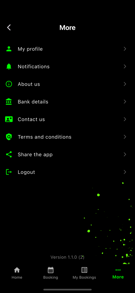Flow Car Wash - Settings menu of the Flow Car Wash app showing options for profile notifications and bank details