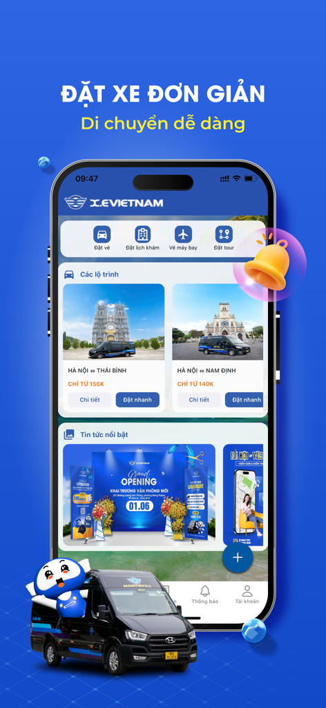 X.E Việt Nam - Đặt xe - X.E Vietnam mobile app interface showing limousine booking options for intercity travel in Vietnam.