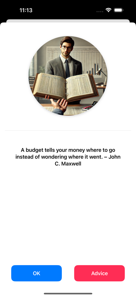 Cita de presupuesto de John C. Maxwell en la pantalla de la aplicación Budget Flow con una ilustración de un contable.