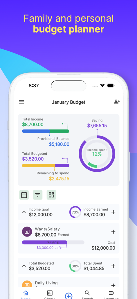 Interface de l'application de suivi budgétaire iSaveMoneyGo montrant un aperçu des revenus mensuels et de l'épargne.