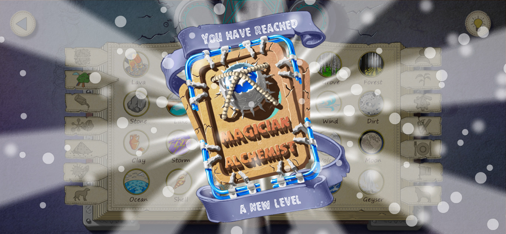 Doodle Alchemy - Level up screen in Doodle Alchemy game showing the Magician Alchemist rank achievement over a book of elements