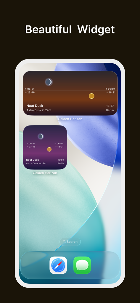 Golden Horizon: Sunrise Sunset - Pantalla de inicio de iPhone con widgets estéticos de amanecer y atardecer de la aplicación Golden Horizon.