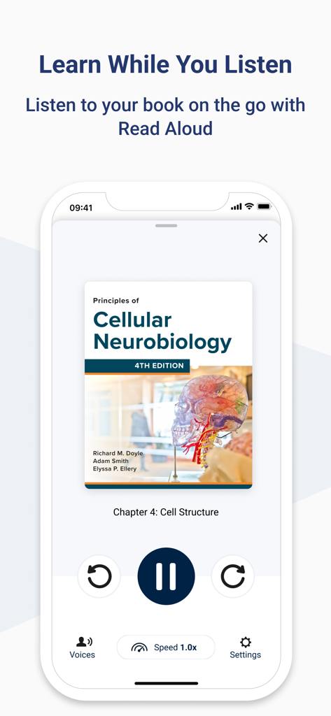 細胞神経生物学の教科書を読み上げ機能で再生しているBookshelfアプリのモバイルインターフェース