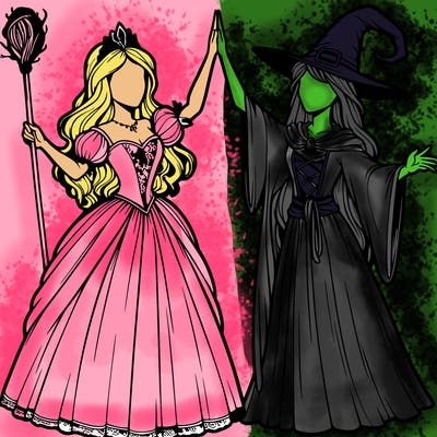 detailed realistic split of a princess and a witch