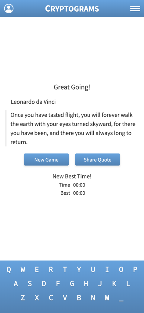 Cryptogram · Cryptoquote Game - A completed cryptogram puzzle screen displaying a famous quote by Leonardo da Vinci.