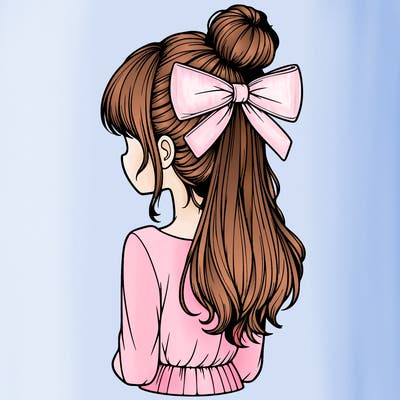 realistic girl  with hip length hair a bun and a big bow on the back of head
