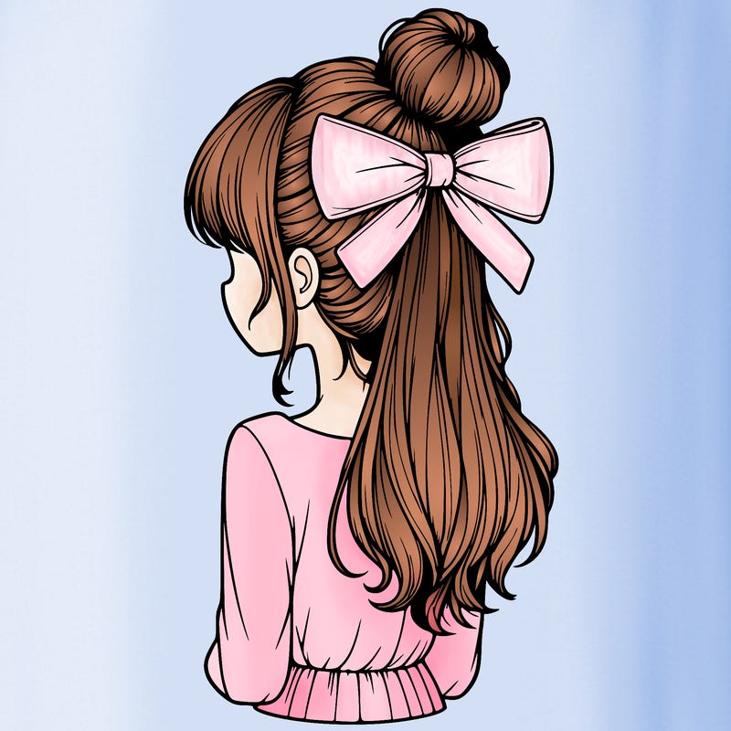 realistic girl  with hip length hair a bun and a big bow on the back of head