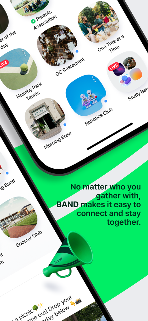 Interface of the BAND app showcasing diverse community group icons for organization and coordination