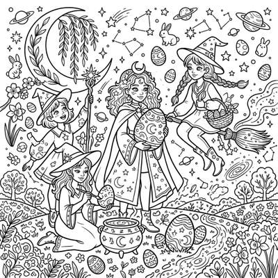 Embark on an enchanting Easter adventure with our Celestial Witches coloring page, where cosmic magic meets spring festivities. This intricate design invites you to bring a world of starry spells and decorated eggs to vibrant life.