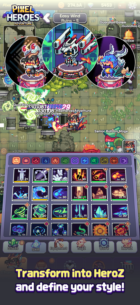 Pixel Heroes Adventure : MMO - Pixel Heroes Adventure gameplay showing character transformation options and a grid of various skill icons.