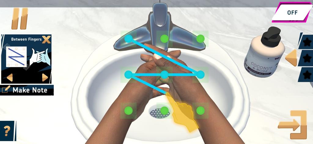 Hand Washing Trainer - An interactive 3D simulation screen from the Hand Washing Trainer app showing a child how to wash between their fingers using a guided touch pattern over a sink.