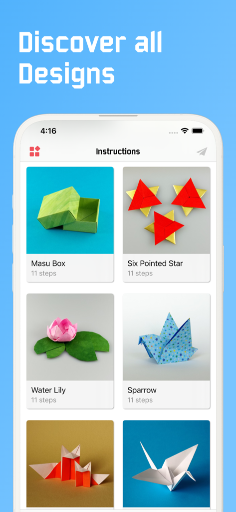 Screenshot of the Origami app showing a gallery of paper folding designs including a Masu Box, Six Pointed Star, and Water Lily.
