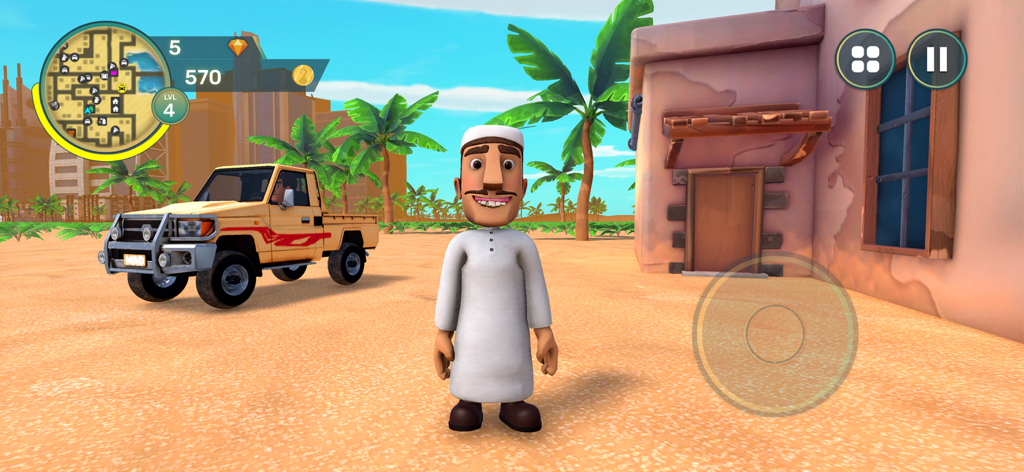 Amer: The Chase Hit and Run - 砂漠の風景の中で、ピックアップトラックの隣に伝統的なアラビア風の衣装を着たキャラクターがいる、Amer The Chase Hit and Runのゲームプレイ画面