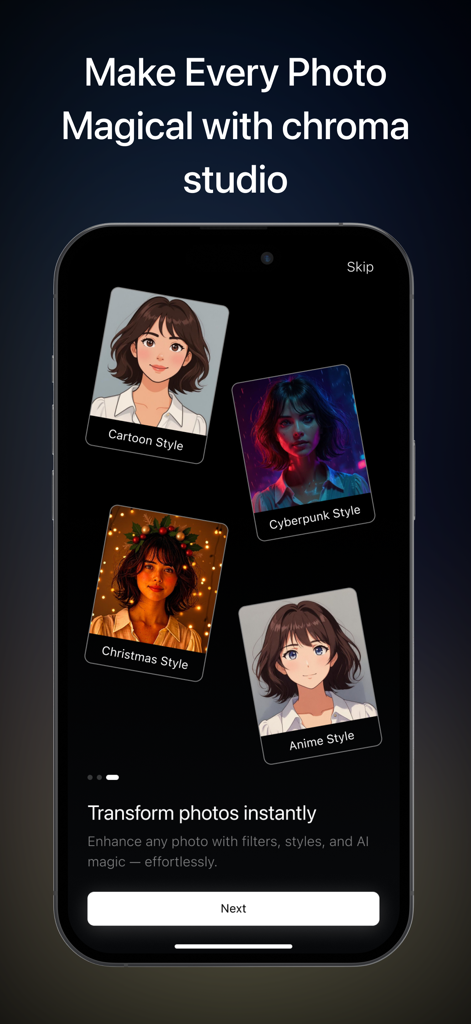 AI Video Maker - ChromaStudio - An iPhone screen displaying AI portrait styles including cartoon cyberpunk christmas and anime in the ChromaStudio app