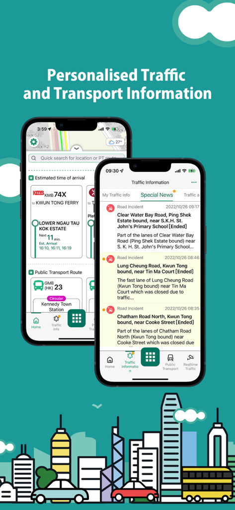 HKeMobility - HKeMobility mobile app screens showing real-time traffic alerts and public transport arrival times over a Hong Kong skyline illustration