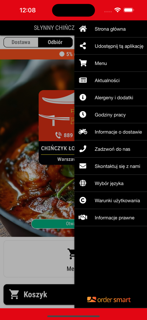 CHIŃCZYK ŁOMIANKI MM - Side navigation menu of the CHIŃCZYK ŁOMIANKI MM restaurant mobile app featuring delivery and contact options