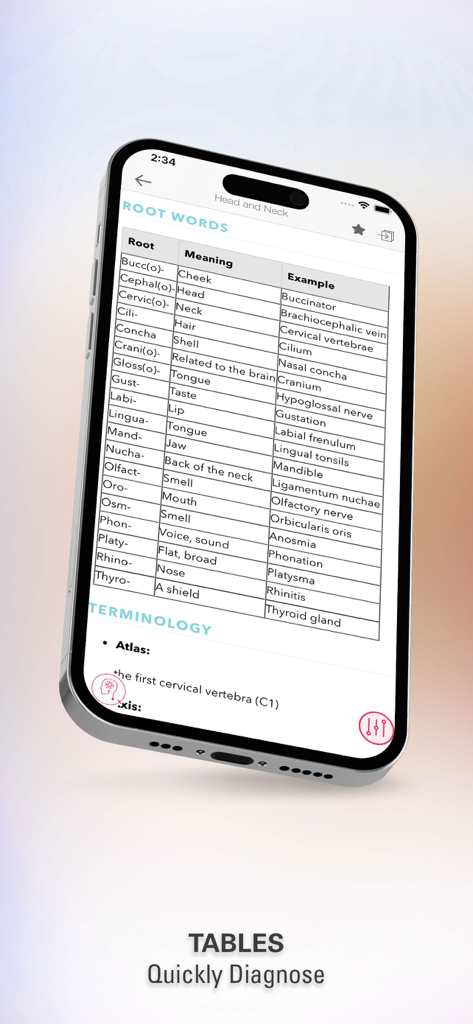 Rapid Review Anatomy Guide - A table of medical root words with meanings and examples in the Rapid Review Anatomy Guide app.