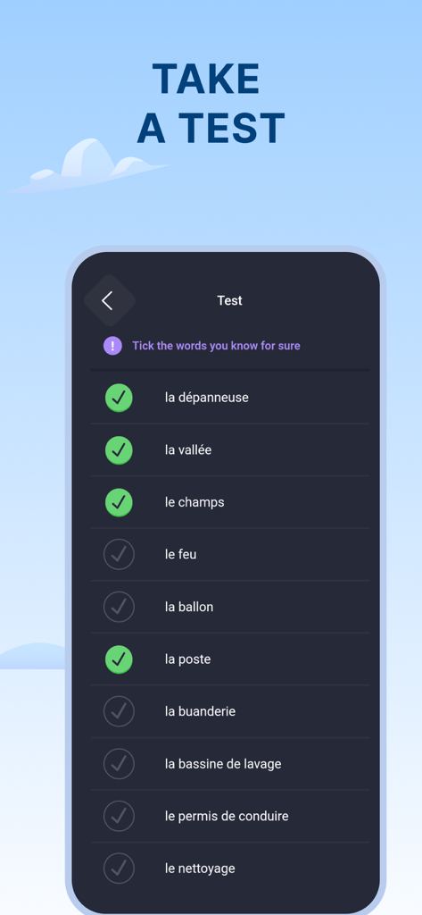 Screen showing a French vocabulary assessment within the 2Shine app.