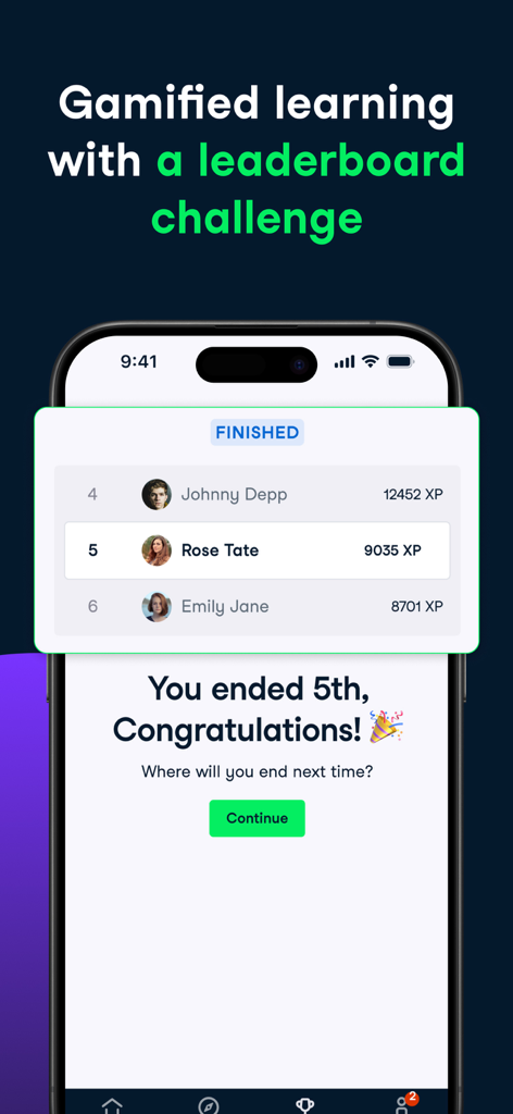 DataCamp: Learn Coding and AI - Uma tela de celular mostrando um desafio de classificação gamificado para aprendizado de ciência de dados com rankings de usuários e pontuações de XP.