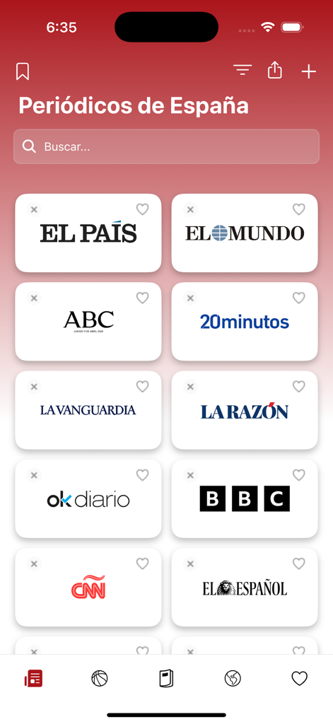 Periódicos de España - Interface do aplicativo de notícias Periódicos de España com uma lista dos principais jornais espanhóis como El Pais e El Mundo.