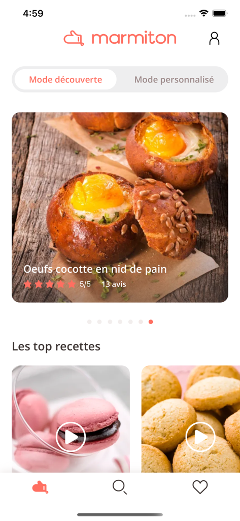 Marmiton app home screen displaying French recipes and discovery mode