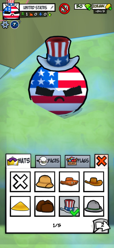 Country Balls: Battle World - Personnalisation d'avatar de country ball drapeau américain avec un chapeau Uncle Sam.